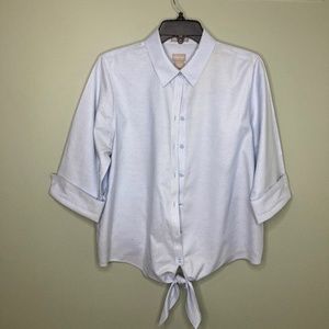 Women's Blue No Iron Elastic Hem Tie Blouse